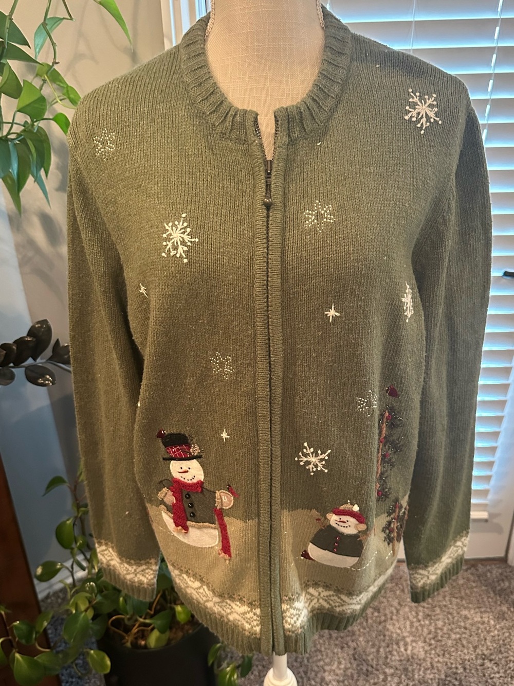 Vintage croft & barrow Olive Green Zip-Front Snowman Cardigan Sweater